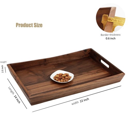 MAGIGO 22 x 14 Inches Large Rectangle Curved Black Walnut Wood Ottoman Tray with Handles, Serve Tea, Coffee, Classic Wooden Decorative Serving Tray