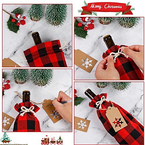 SULOLI 12-Piece Christmas Burlap Wine Bags with Drawstring, 24 Gift Tags & 16.4 ft Rope—Buffalo Plaid