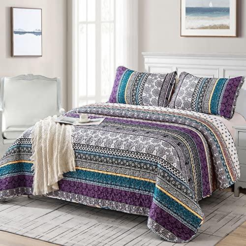 Boho Quilt Set Queen Size - 3 Piece Purple Floral Bedding
