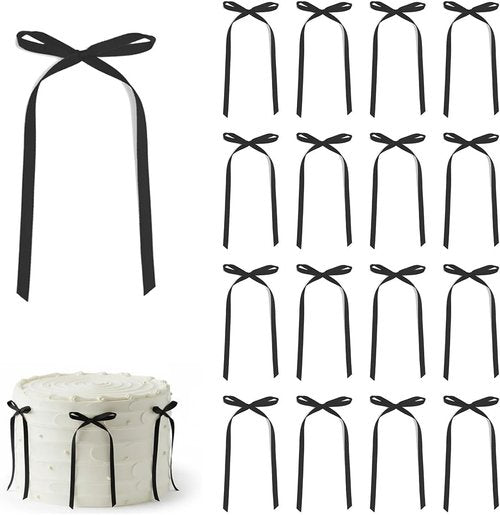 30 Pack Satin Bow Cake Decorations - Pre-Tied Ribbon Bows for Elegant Dessert Decor | Black (3.5 x 6.5 Inch)