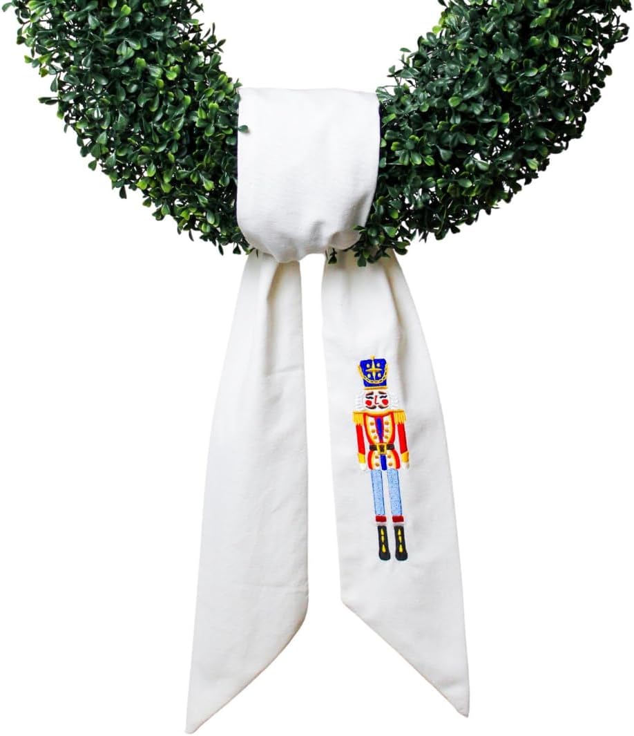 Nutcracker Linen Wreath Sash - Embroidered Christmas Decoration for Front Door | 56" L x 4.5" W