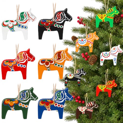 12 Pcs Scandinavian Dala Horse Wooden Ornaments for Christmas Decorations