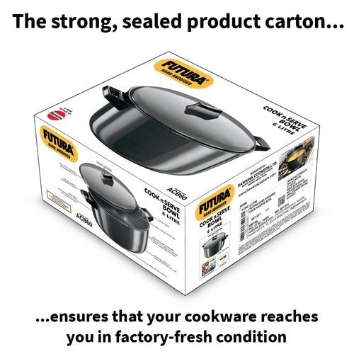 Hawkins Futura 6 Litre Cook n Serve Bowl, Hard Anodised Saucepan with Hard Anodised Lid, Sauce Pan for Cooking and Serving, Black (ACB60) (Aluminium)