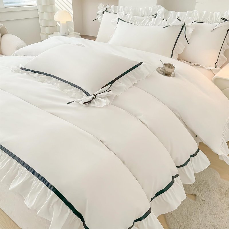 SOUKACH Ruffled Bedding Bow Duvet Cover Set with Butterfly Tie, Soft Brushed Microfiber Shabby Chic Bedding Set with Zipper Closure for Kids Girls-White,Twin