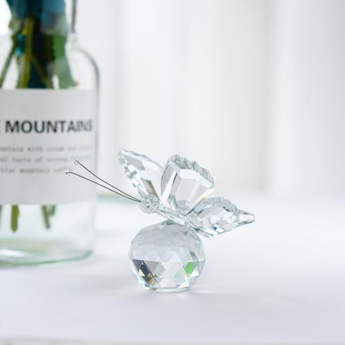 H&D Crystal Butterfly Figurine - Elegant Cut Glass Ornament with Crystal Ball Base | Clear Collectible