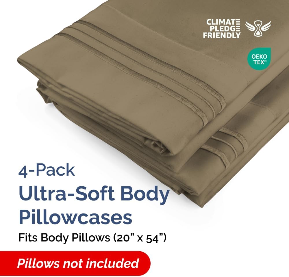 Skiennix Body Pillowcases Set of 4 | Soft 20x54 Long Pillow Covers for Comfortable Sleep - Machine Washable, Fade-Free (Khaki)