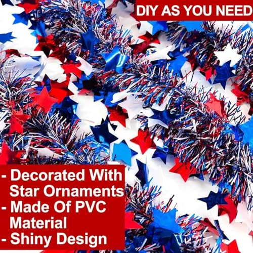 50ft Patriotic Red White Blue Metallic Tinsel Star Garland for 4th of July