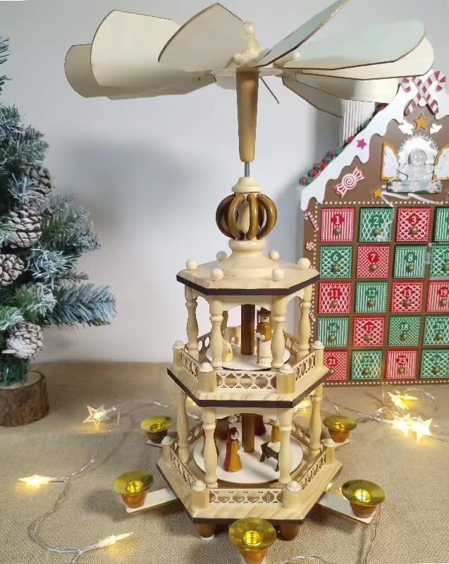 17" Wooden Christmas Pyramid - 3-Tier Nativity Carousel with 6 Candle Holders