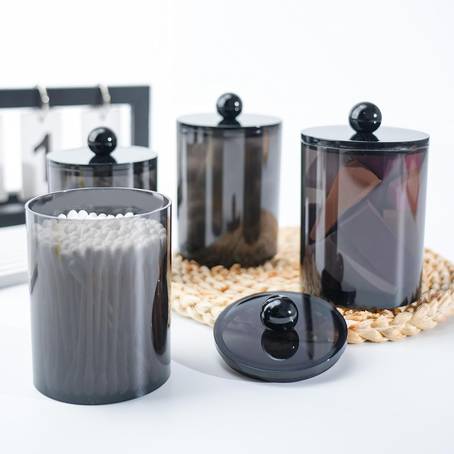 XIPENGKEJI Qtip Holder Canister Set - 2+4 Pack Bathroom Jars with Lids for Cotton Swabs & Pads | Black 10oz-12oz
