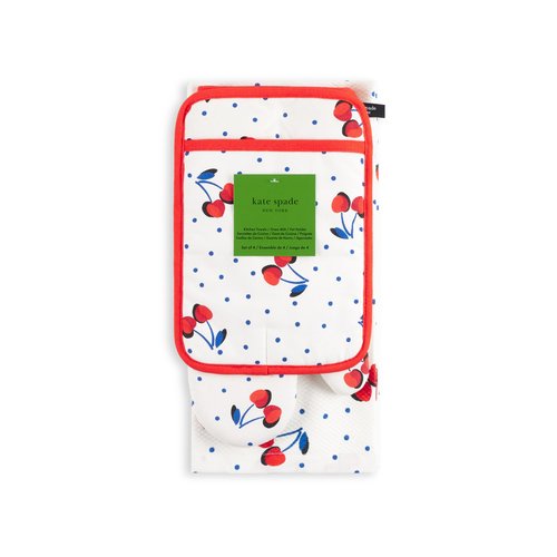 Kate Spade New York Cherry Dot Kitchen Towel, Oven Mitt & Pot Holder 4-Pack Set, 17" x 28", 7" x 13", 7" x 10", White/Red/Blue