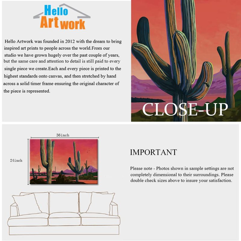 iHAPPYWALL Large Saguaros Landscape Canvas Wall Art Sunset Arizona Cactus Orange Background Sonoran Desert Picture for Home Bedroom Decor Ready to Hang 24x36inch
