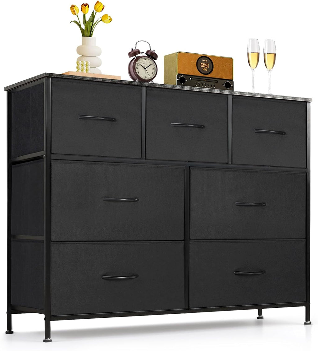 Skiennix 7-Drawer Dresser - Anti-Tip Fabric Storage Organizer with Wooden Top | Black, Versatile for Bedroom & Living Room