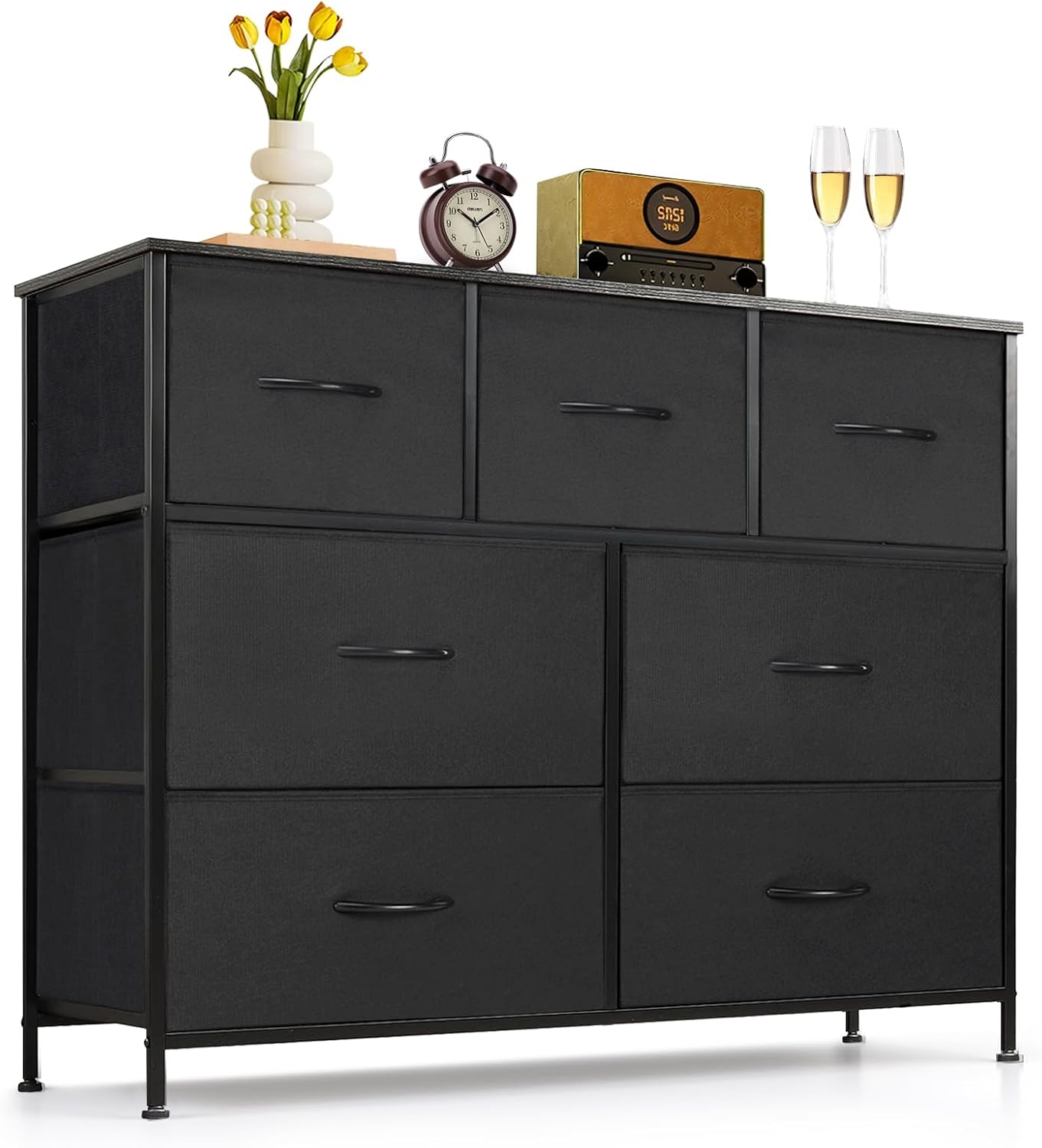 Skiennix 7-Drawer Dresser - Anti-Tip Fabric Storage Organizer with Wooden Top | Black, Versatile for Bedroom & Living Room