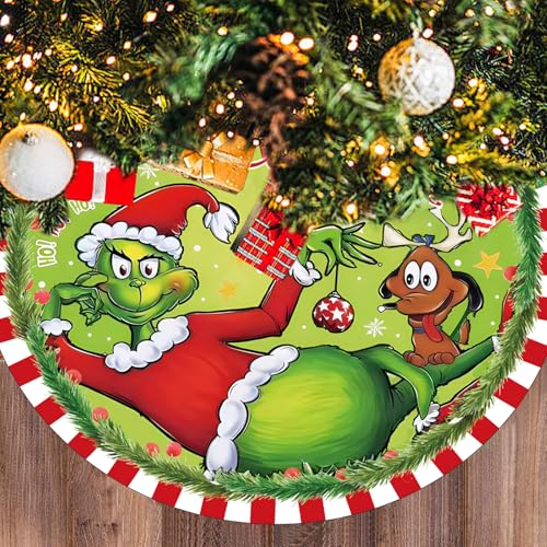 48 Inch Plush Christmas Tree Skirt - Farmhouse Decor with Red & Green Trim