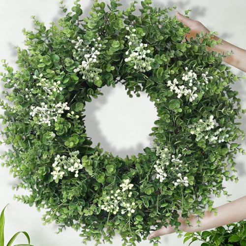 26-Inch Artificial Boxwood Wreath for Front Door, UV-Resistant Greenery