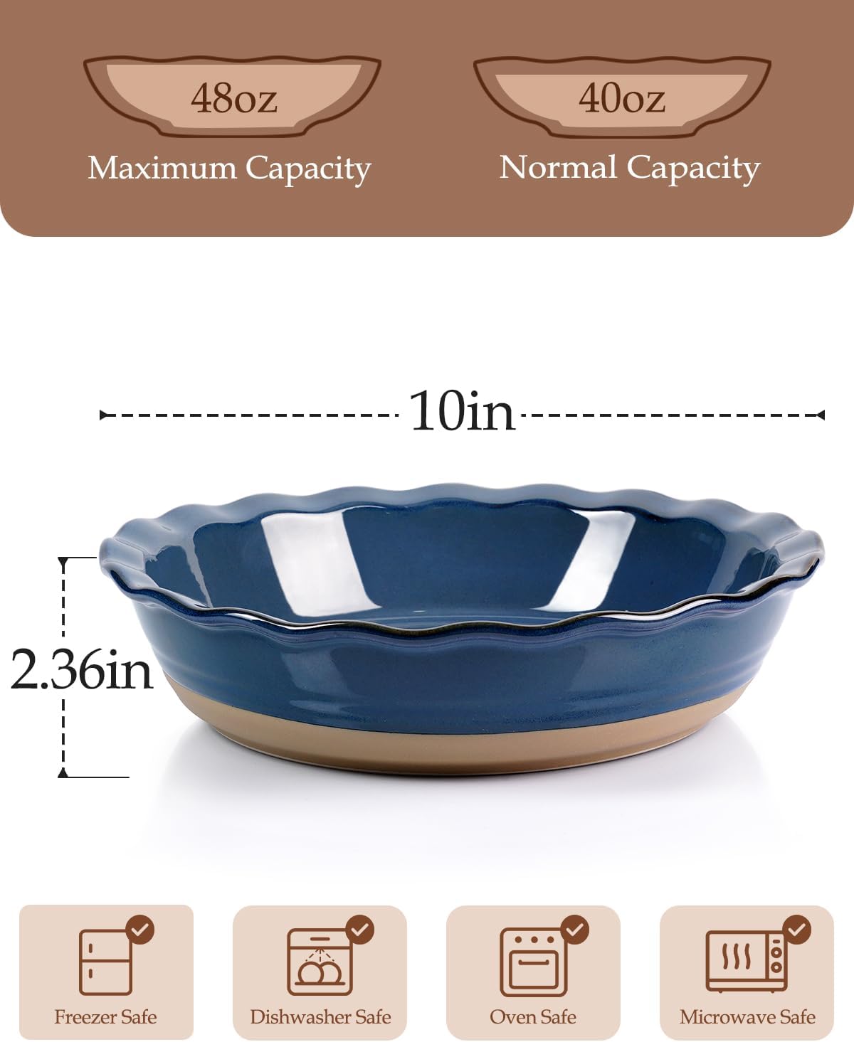 NUTRIUPS 10-Inch Round Pie Baking Dish - Oven Safe Kitchen Pie Plate in Blue