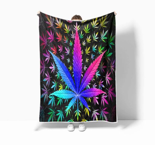 Cool Trippy Weed Throw Blanket, Neon Tie Dye Marijuana Leaf Cannabis Art Fleece Blanket, Colourful Soft Flannel Throw Blanket for Chair Bed Sofa Couch, 60X80IN