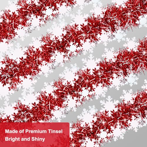 Sakayo 50FT Red & White Christmas Tinsel Snowflake Garland, Indoor Outdoor Holiday Decor