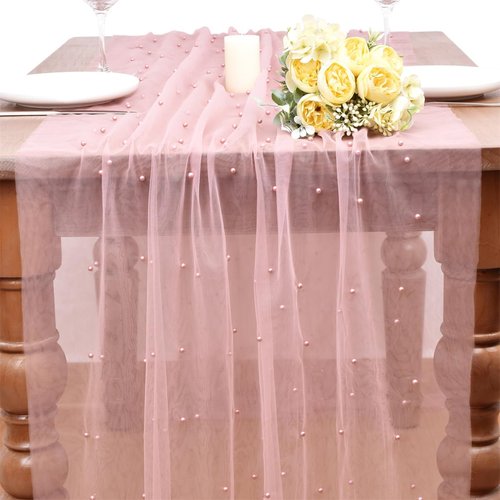 Dlpafzy Dusty Rose Pearl Table Runner Boho Rustic Tulle Lace Spring Easter Table Runner for Baby Shower Wedding Arch Decor Veil Dessert Table Decor 3pcs