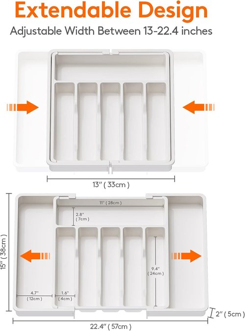 Lifewit Expandable Silverware Drawer Organizer - BPA-Free Utensil Tray for Kitchen | Adjustable 13-22 x 15" White