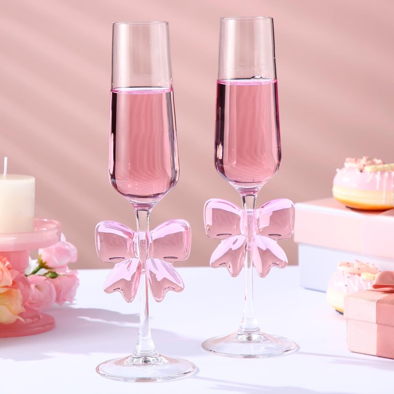 Reallnaive Wedding Champagne Flutes, 2 Pcs Pink Bow Coquette Glasses with Reinforced Stems, 8 oz Cute Feet Champagne Glasses for Wedding Engagement Bridal Shower Party Gifts(Cute Feet)