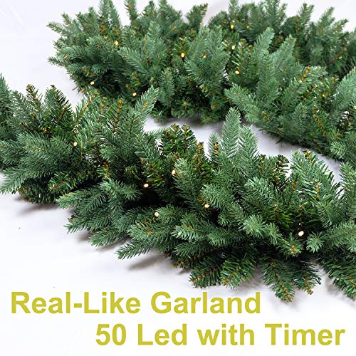 HomeKaren 9 Ft Battery-Operated Prelit Christmas Garland with 50 LED Lights, Lush Fraser Fir Style, Pineblue_battery