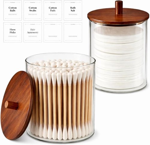 Glass Qtip Holder Dispenser Set | 15oz & 10oz Cotton Swab Storage with Acacia Wooden Lids