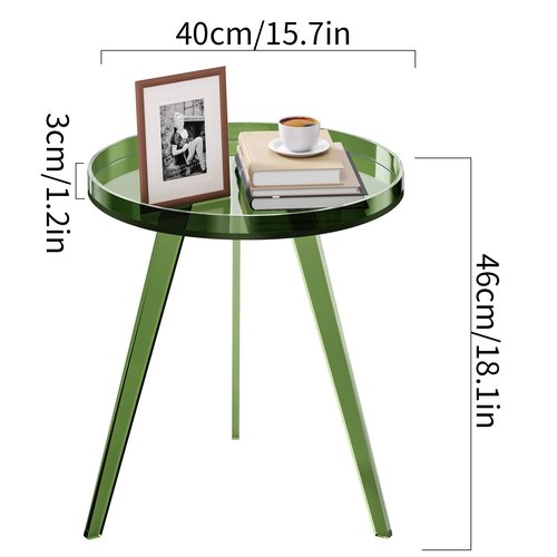 Dewrhiixe Clear Acrylic Side Table, Round End Table Nightstand Bedside Table Small Circle with Tray for Living Room Bedroom Office Small Space (Green)
