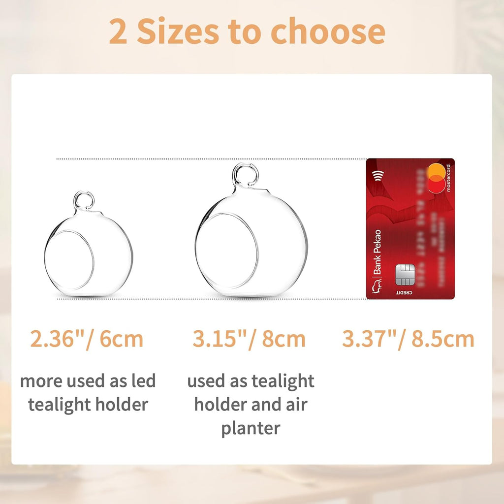 Skiennix 12 Pcs Hanging Glass Tealight Holders - 3.15" Globe Terrariums for Indoor/Outdoor Decor
