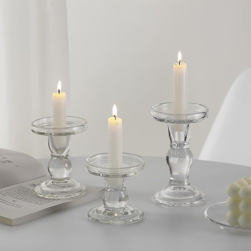 Crystal Clear Glass Candle Holders by [Brand Name] - Elegant 3-Piece Set for Pillar, Taper & Tea Light Candles
