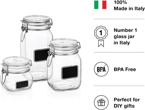 Bormioli Rocco Fido Square Clear Jar with Chalkboard, 33-3/4-Ounce