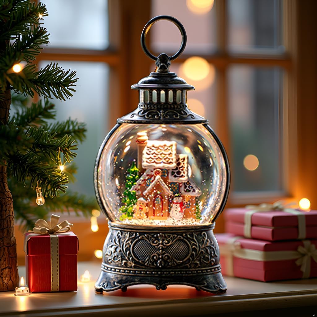 Regine Switzerland Christmas Snow Globe - Gingerbread Man & Snowman Water Lantern with Music & Timer | USB/Battery Operated for Festive Decor