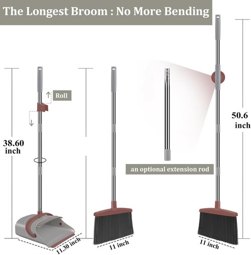 Ivandar Broom and Dustpan Combo Set - 50.6-Inch Long Handle for Effortless Cleaning | Brown & Gray