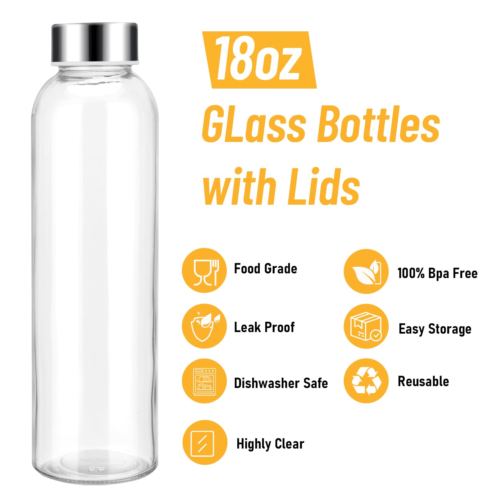 Sursip 18oz Glass Water Bottle Set of 6, Clear glass juice bottle for juicing，Reusable Drinking Bottles with Stainless Steel Lid，Beverage Storage Containers for Refrigerator-BPA Free，Leak Proof