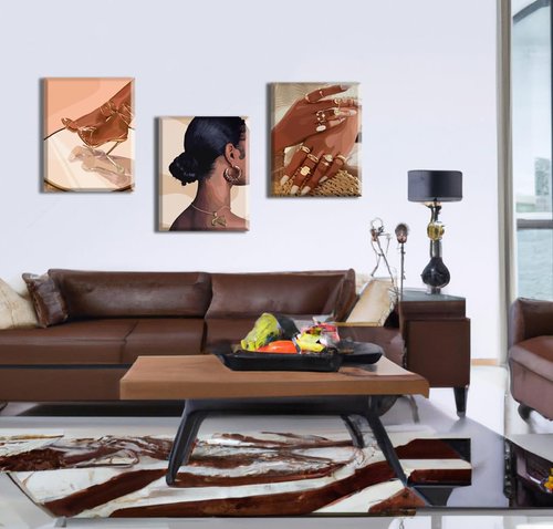 Julaydi Black Girl Wall Art Abstract African American Decor Posters Fashion Black Woman Canvas Prints Modern Black Female Painting Pictures for Bedroom Living Room Bathroom 16x24in Set of 3 Framed