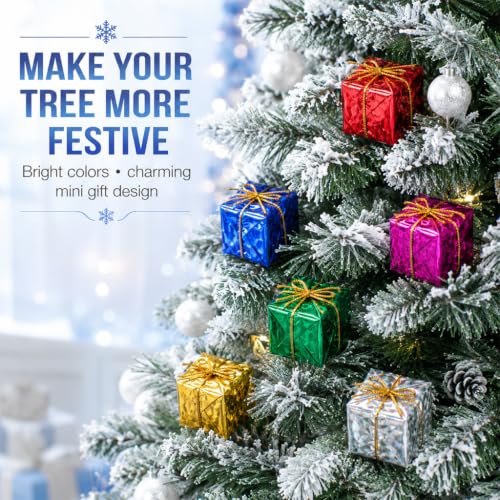 36Pcs Mini Christmas Tree Ornaments Set - 1 Inch Foil Gift Boxes with Hanging Rope