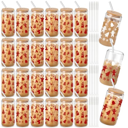 Potchen 24 Pcs Christmas Color Changing Cups with Lids & Straws - Red Pattern, 16 oz
