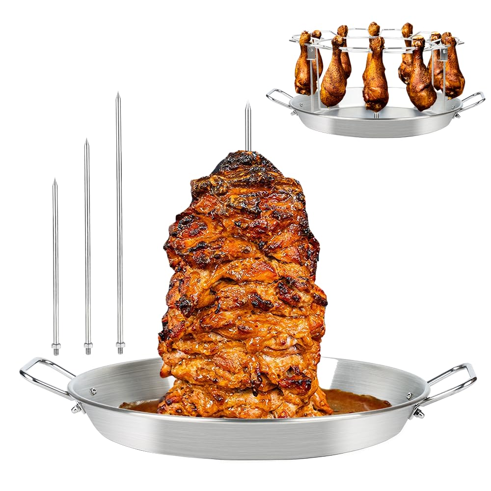 13" Vertical Skewer Gyro Pan Spit Shawarma Stand for oven with Chicken Leg Rack, Al Pastor Skewer for Grill, El Pastor Hack for Tacos Chicken, Brazilian, Stainless Steel, with 8",10" and 12" stick
