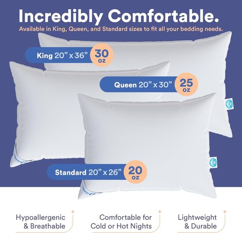 Medium Standard Pack of 1 100% White Down Pillows 20oz 550FP Hotel Down Pillows for Supporting Back Side and Stomach Sleepers