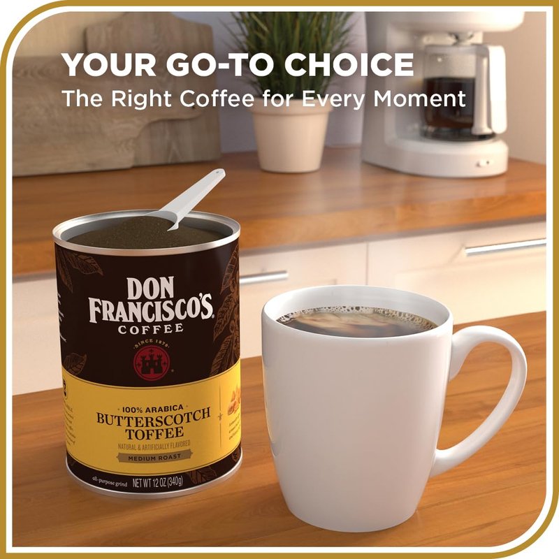 Don Francisco's Butterscotch Toffee Ground Flavored Coffee: Rich 100% Arabica Beans with Sweet Buttery Aroma - Family-Crafted for Delightful Mornings (12 oz Can)