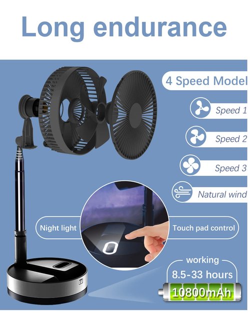 UN UNITEDTIME Foldable Fan Foldaway Oscillating with Remote Control, 10800mAh Battery Operated Fans, Portable for Outdoor, Courtyard, Beach,Travel, Room,4 Speeds, with Timer night light (Black)