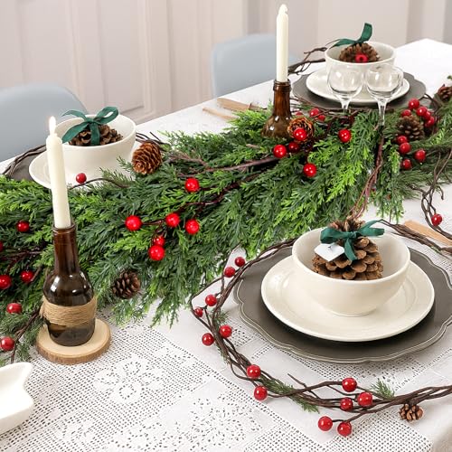 ENVEN 6FT Lush Cedar Christmas Garland with Red Berries & Pine Cones – Indoor/Outdoor Faux Greenery