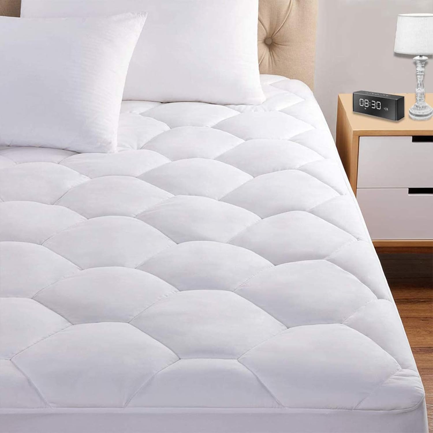 Queen Mattress Pad - Ultra Soft Quilted Fitted Topper Cover for 8-21" Deep Pockets | White