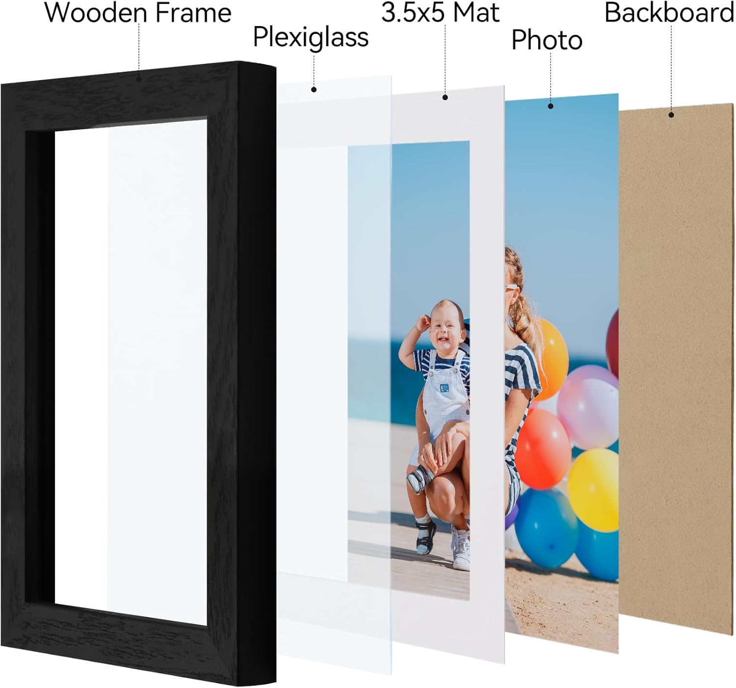Vittanly Picture Frame Set of 3 - 4x6 & 3.5x5 Display Options | Black Engineered Wood for Wall & Tabletop