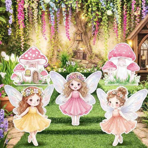 5 Pcs Large Fairy Cardboard Cutouts, Woodland Birthday Party Yard Signs