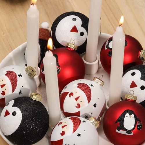 DN DECONATION Black and White Christmas Ornament - Cute Hand-Painted Santa Ball for Tree | Red Glass Xmas Decor