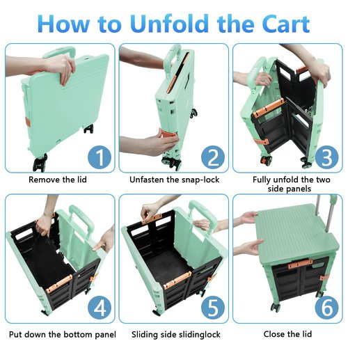 FELICON SELORSS Foldable Utility Cart Folding Portable Rolling Crate Handcart with Durable Heavy Duty Plastic Telescoping Handle Collapsible 4 Rotate Wheels for Travel Shop Move Luggage Office(Green