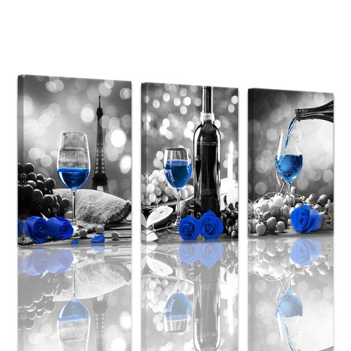 Wine Rose Artwork for Home Walls - Black and White With Blue Wine Painting - Dining Room Decor - Stretched 16x24 Inch