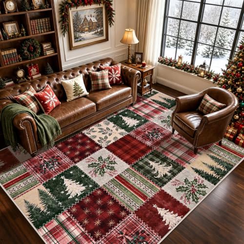 Christmas 5x7 Patchwork Plaid Rug - Red Holiday Area Rug with Non-Slip Backing