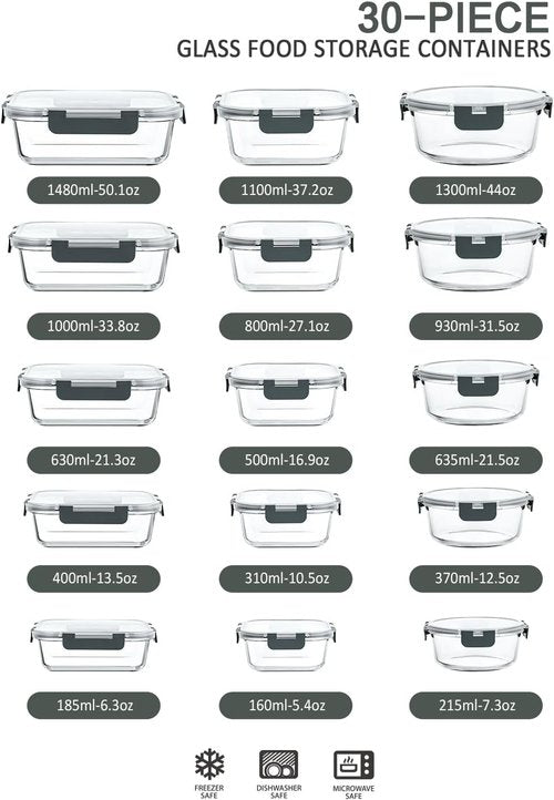MCIRCO Glass Food Storage Containers - 30-Piece Airtight Meal Prep Set with Snap Locking Lids | Microwave, Oven, Freezer Safe